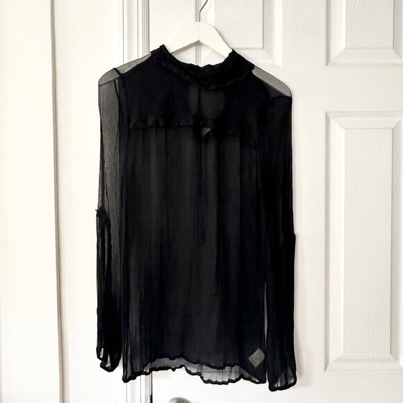 Free People Black Sheer Silk High Neck Vtg Victorian Witchy Core Blouse 6 Small - Picture 1 of 8